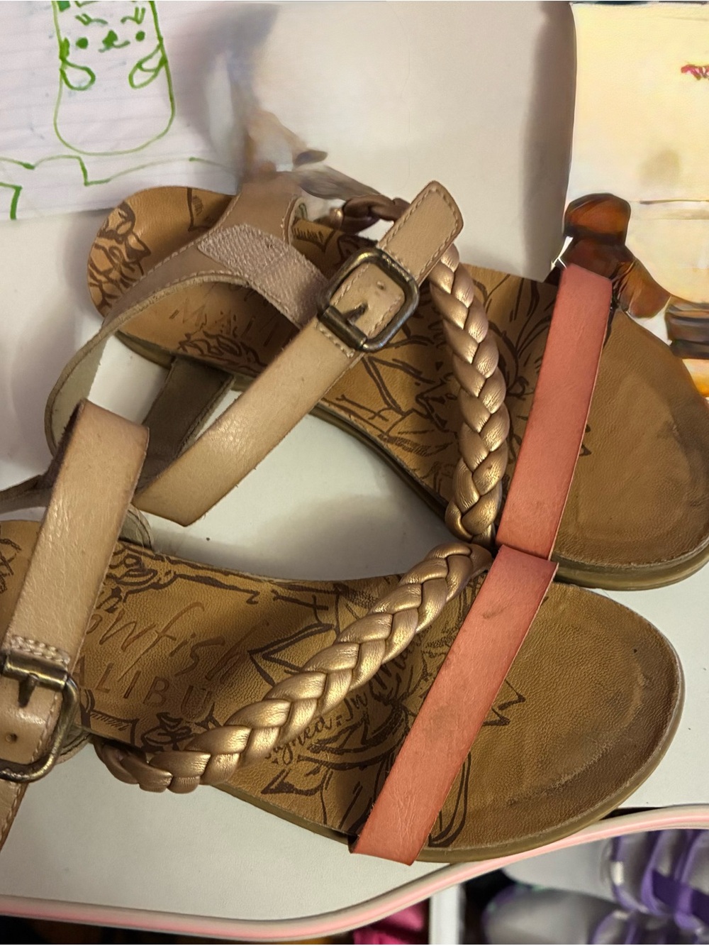Blowfish Girls Braided Strap Sandals in Tan and Coral